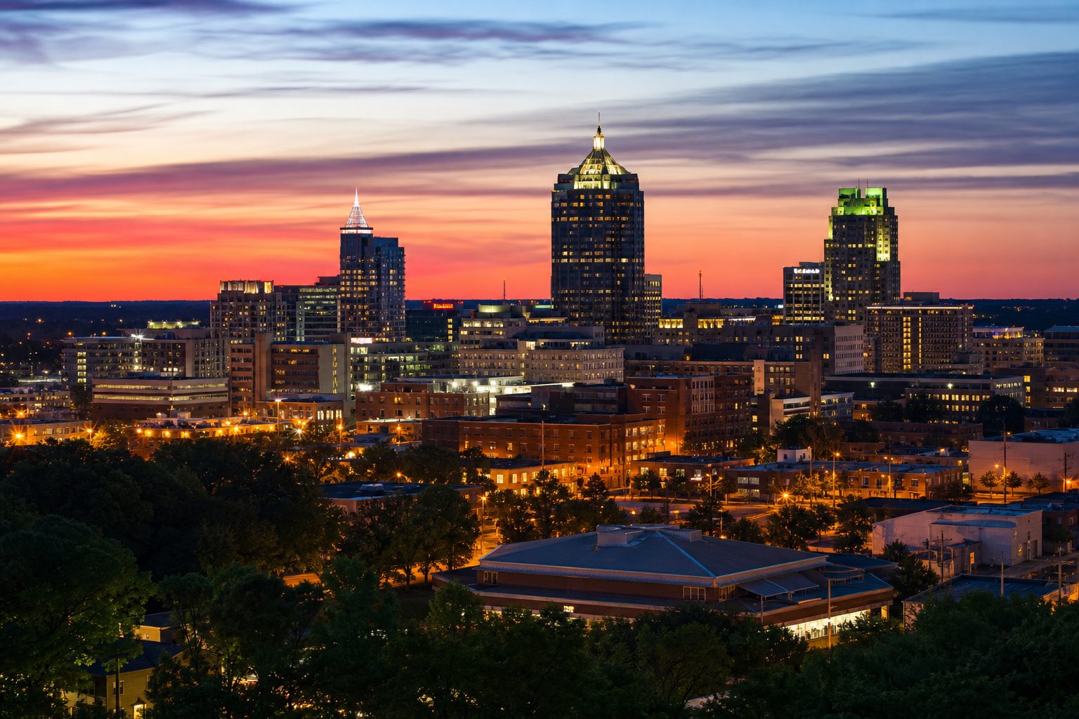AI-generated concept image of the downtown Raleigh, North Carolina skyline at dusk